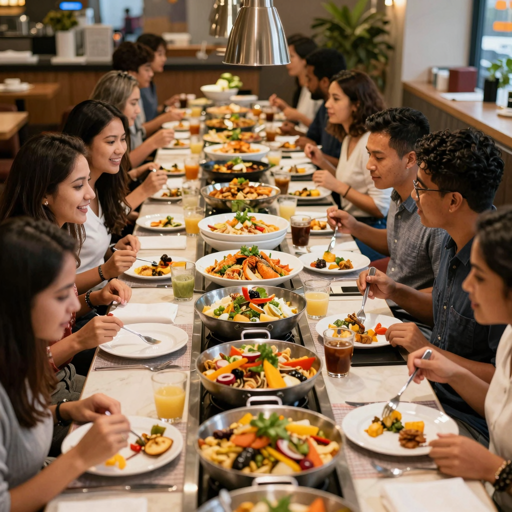 A bustling buffet restaurant scene