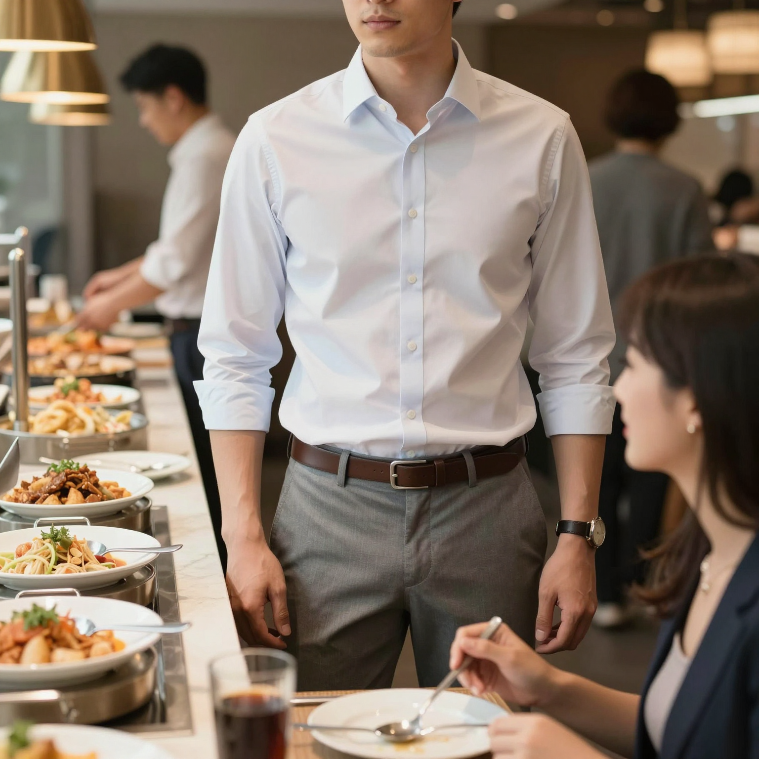 Appropriate buffet attire options for men and women in a buffet setting.