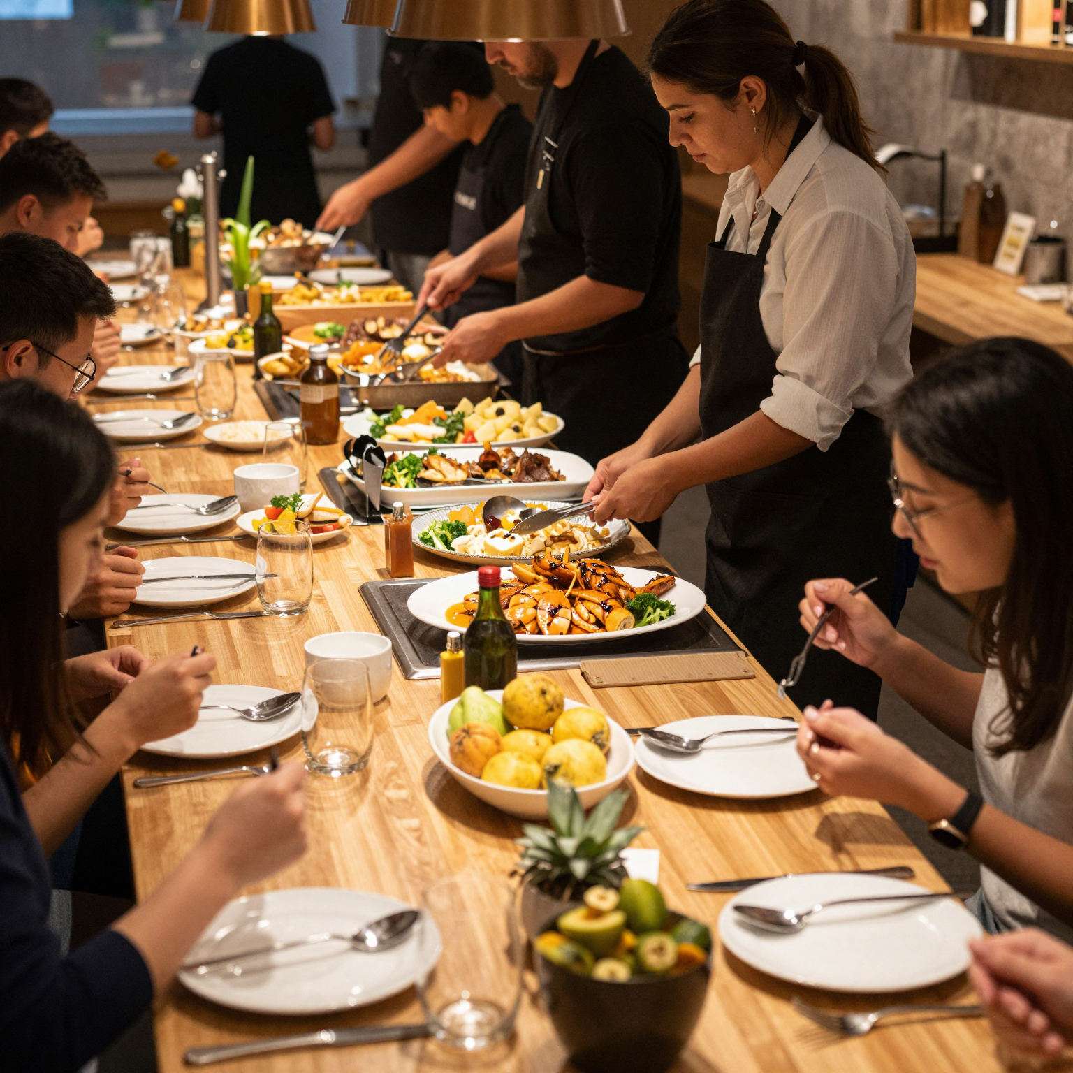 A buffet restaurant setting, showing a variety of food options