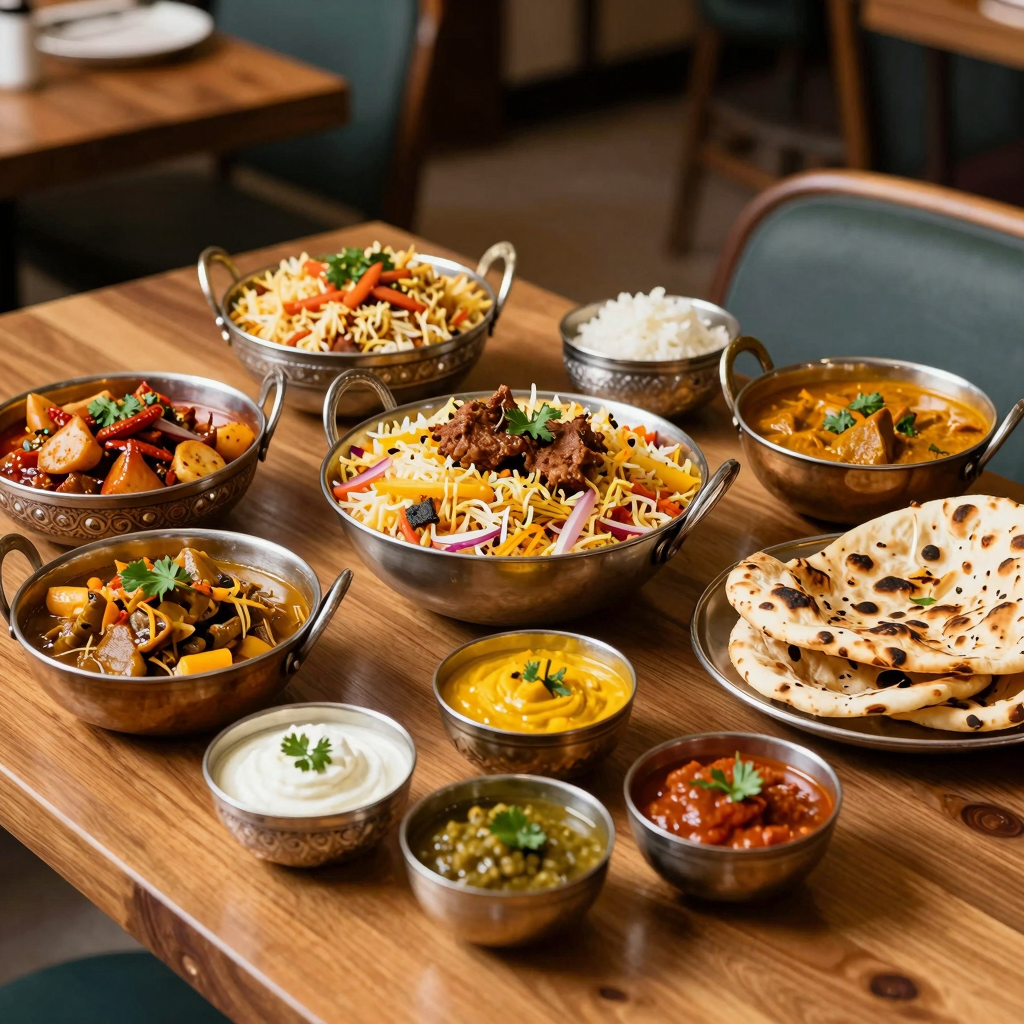 A vibrant Indian buffet setup showcasing a variety of colorful traditional dishes such as biryani, curry, naan, and chutneys.