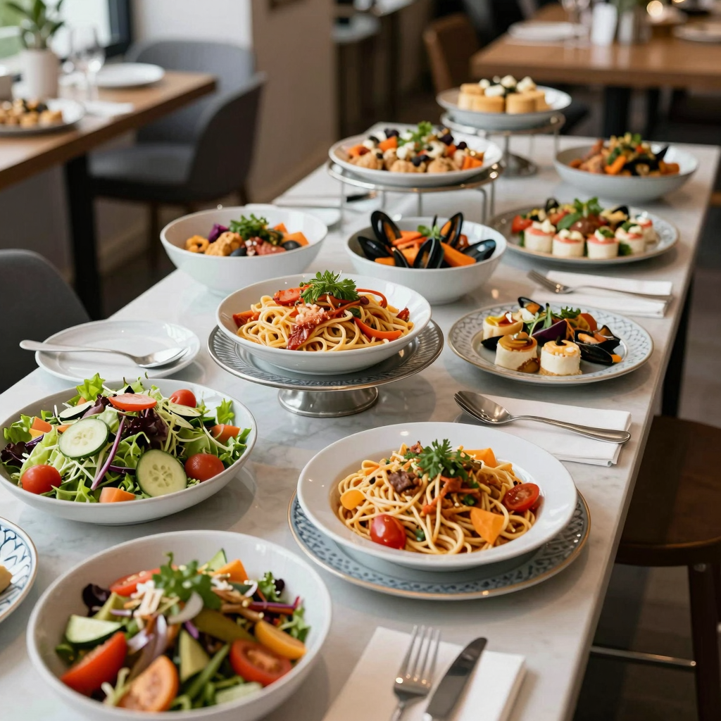 A buffet table filled with various food options including salads, pastas, seafood, and desserts.
