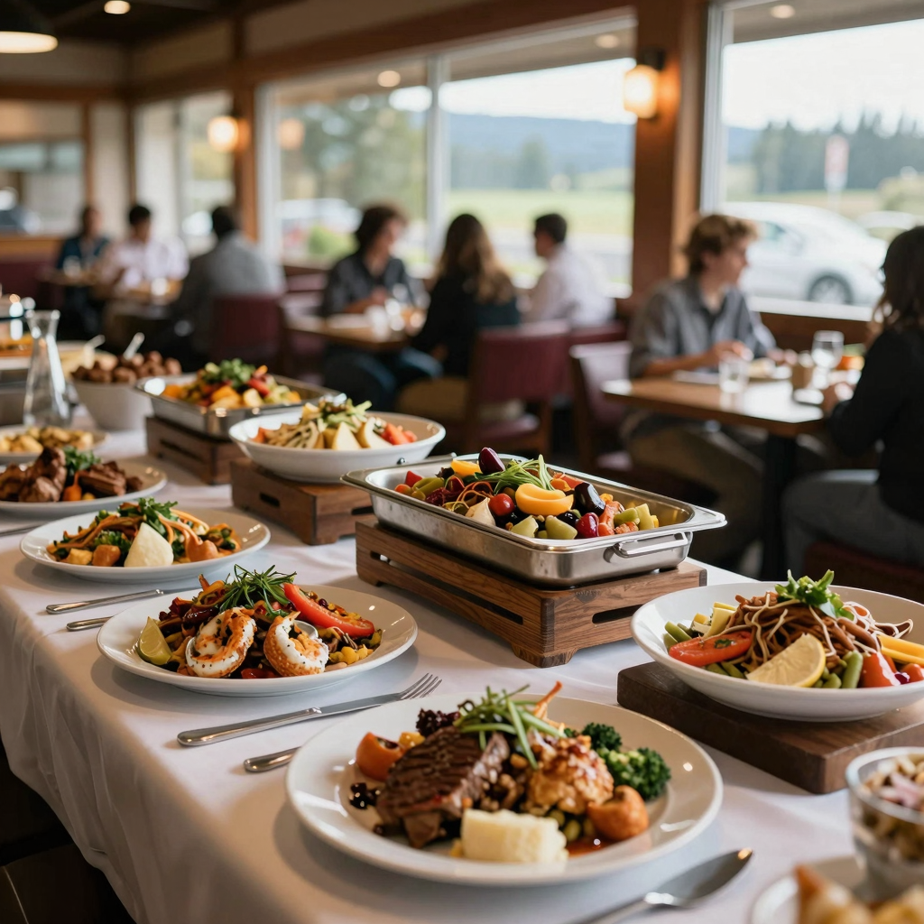 A scenic view of a buffet restaurant in Grants Pass, Oregon with a diverse selection of dishes displayed on a table, highlighting an inviting dining atmosphere.