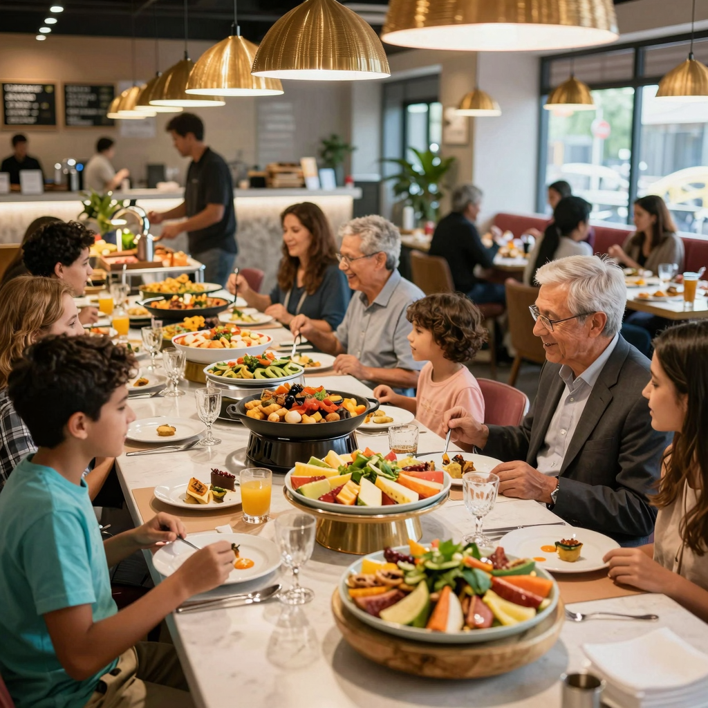 A vibrant buffet restaurant filled with a variety of food stations offering diverse cuisines.