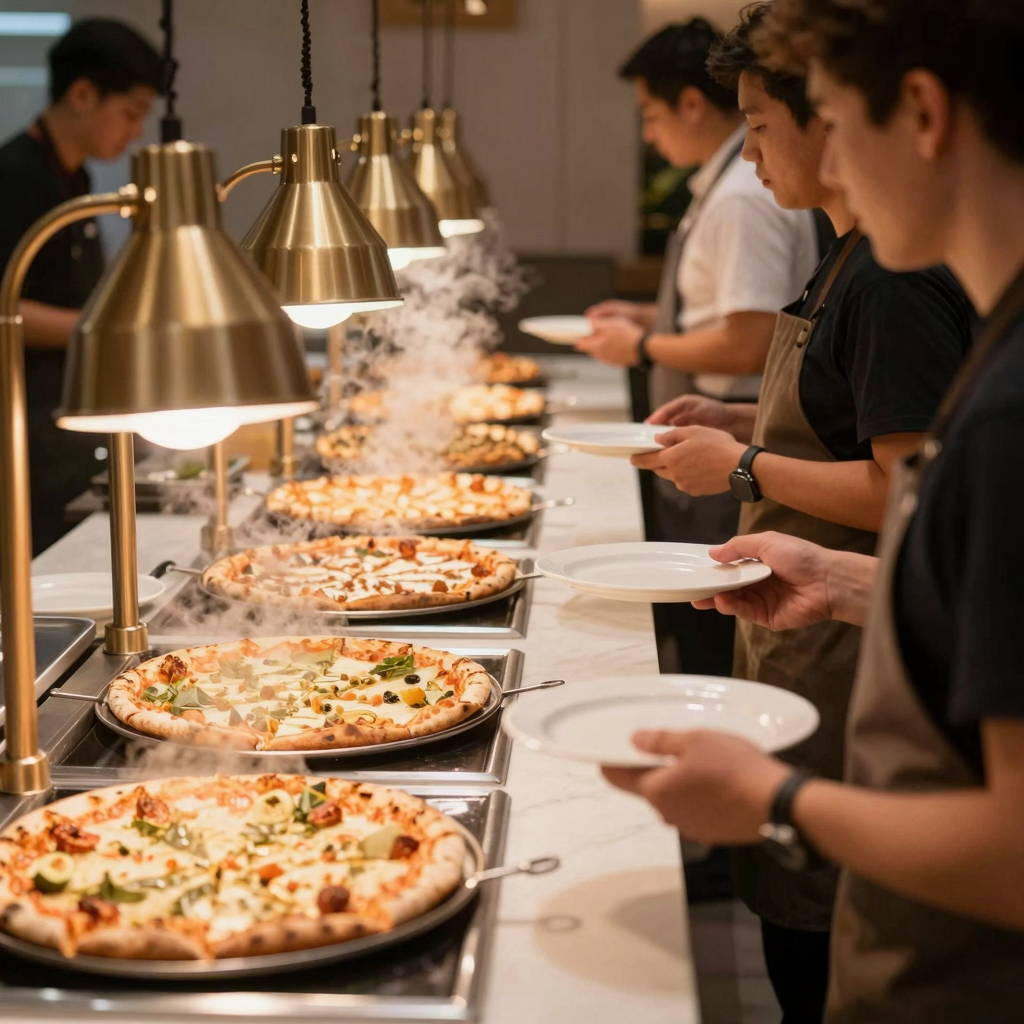 A warm, bustling pizza buffet line with multiple pizza pans under heat lamps, steam rising, and customers holding plates.