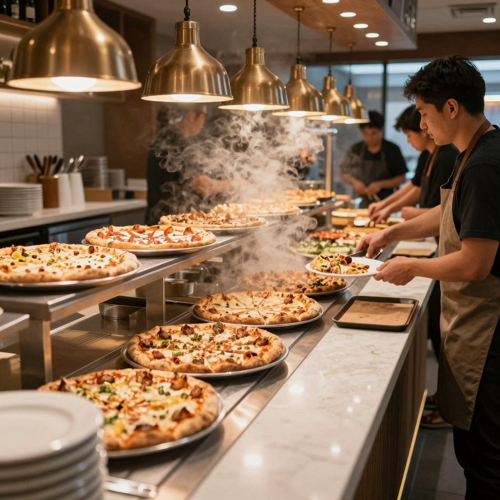 A bustling pizza buffet display with multiple pizza varieties under warm lighting, ready for customers