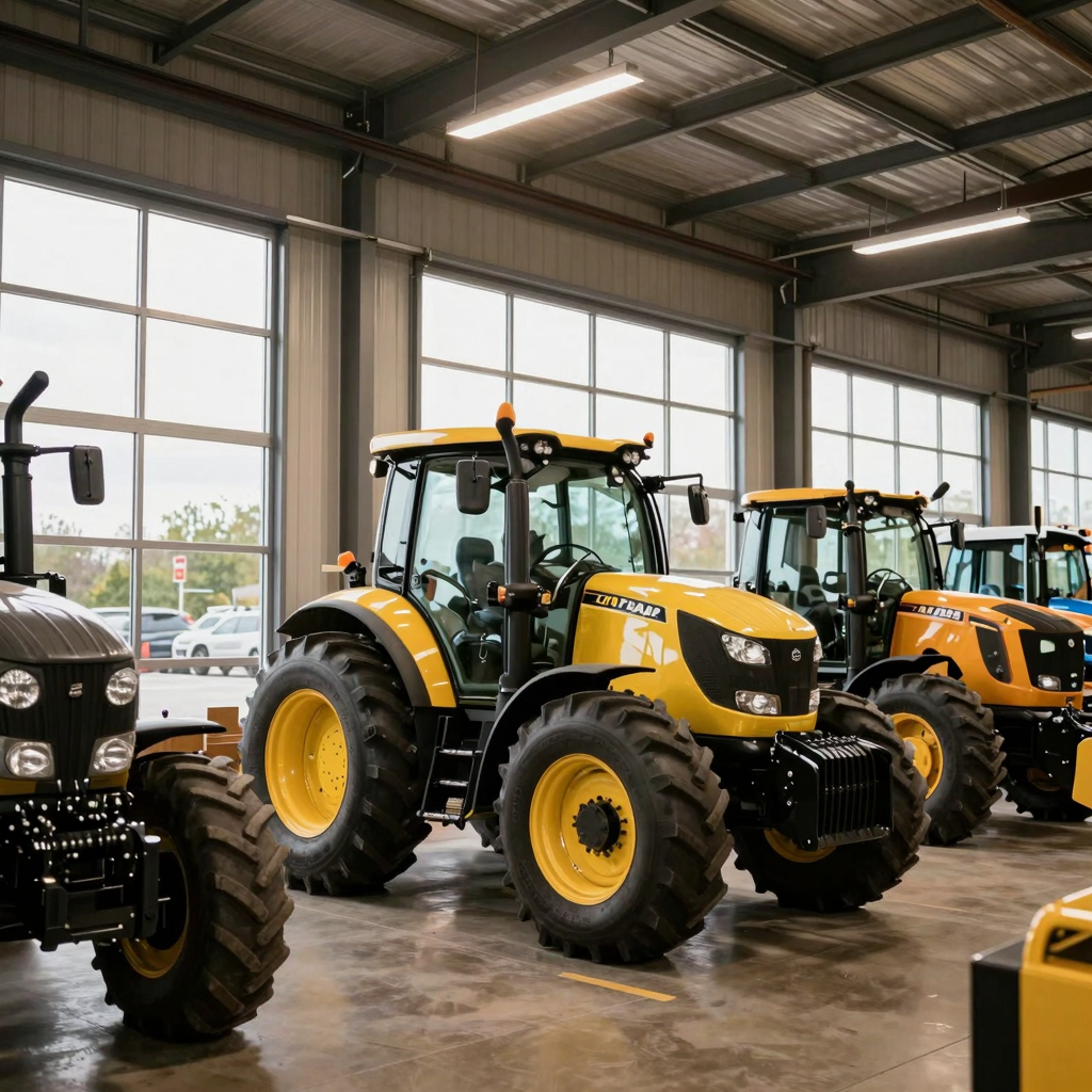 Midwest Heavy Equipment Co. dealership showroom with tractors and construction machinery