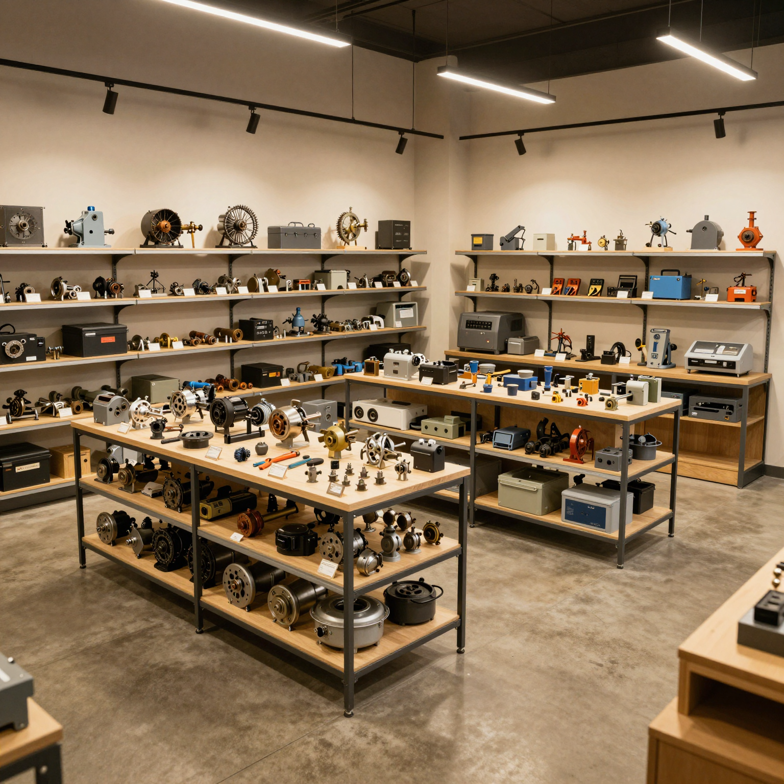 Modern equipment showroom with warm lighting and neatly arranged machinery on clean shelving, echoing the abundant buffet layout