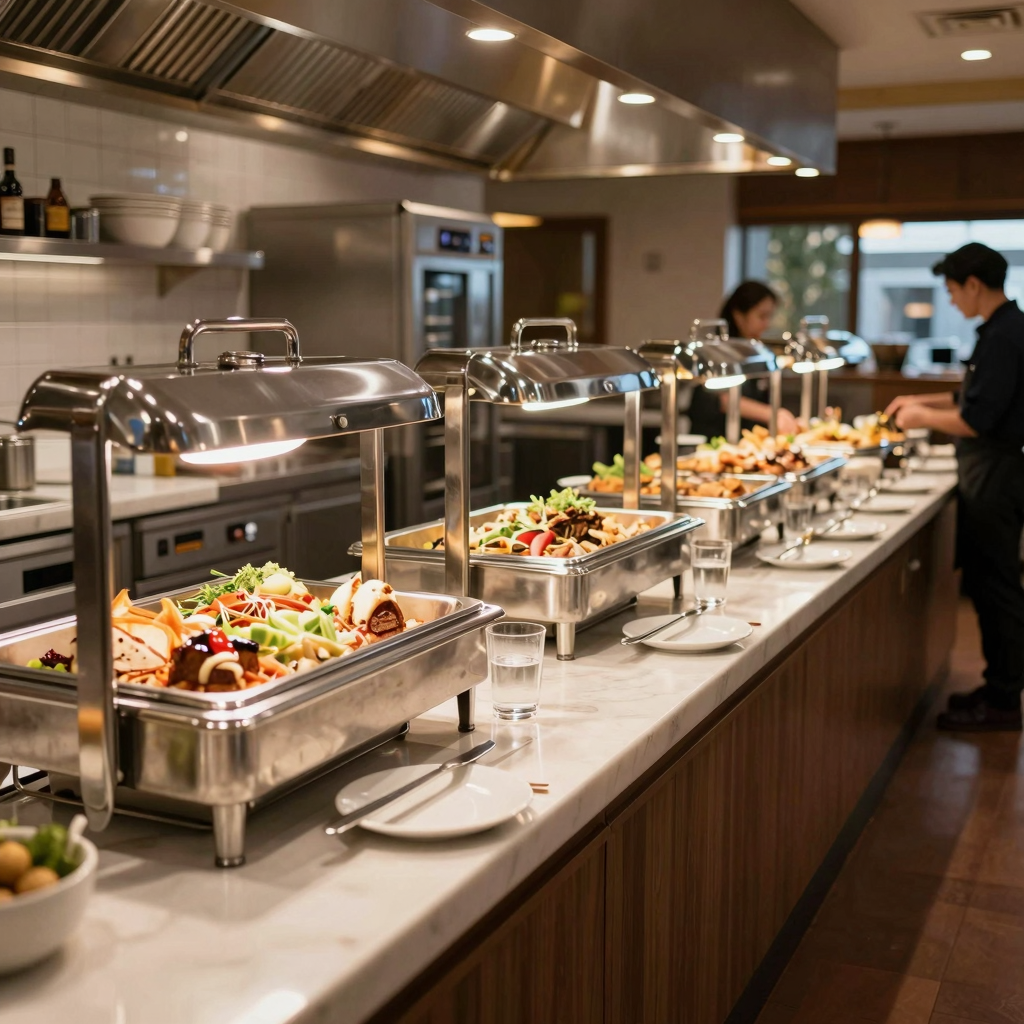 Professional buffet restaurant setup with modern equipment and clean serving stations