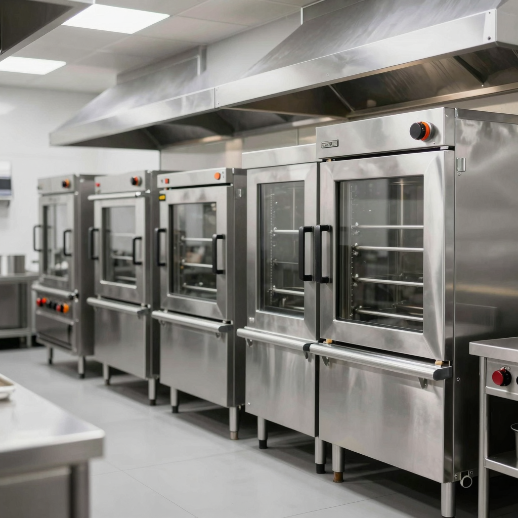 Professional commercial stainless steel kitchen equipment lineup in an industrial kitchen setting