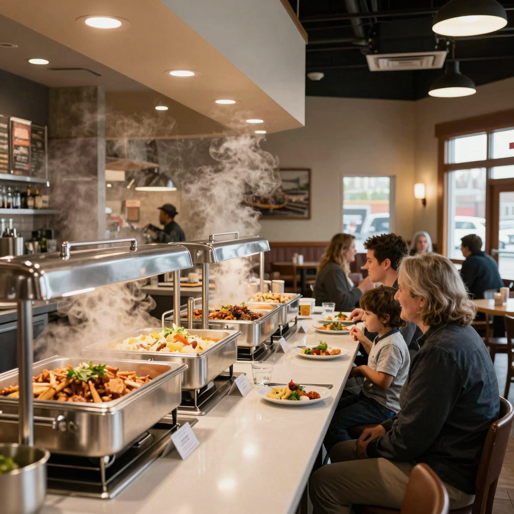 Buffet restaurant interior with steam tables and warm lighting in a Midwest setting