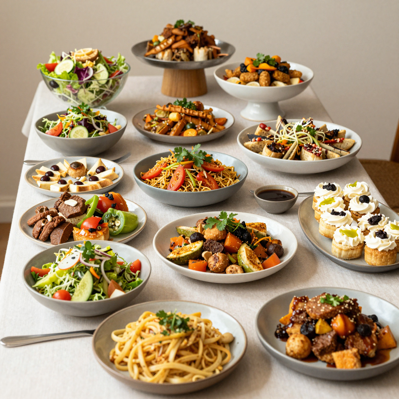 Diverse buffet spread with various food options
