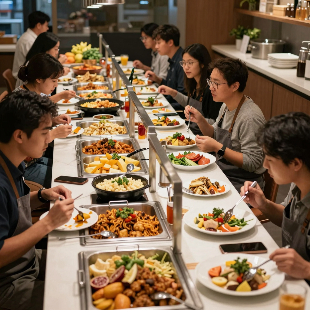 A bustling buffet restaurant showcasing a variety of food stations, evoking a sense of choice and variety for business owners.