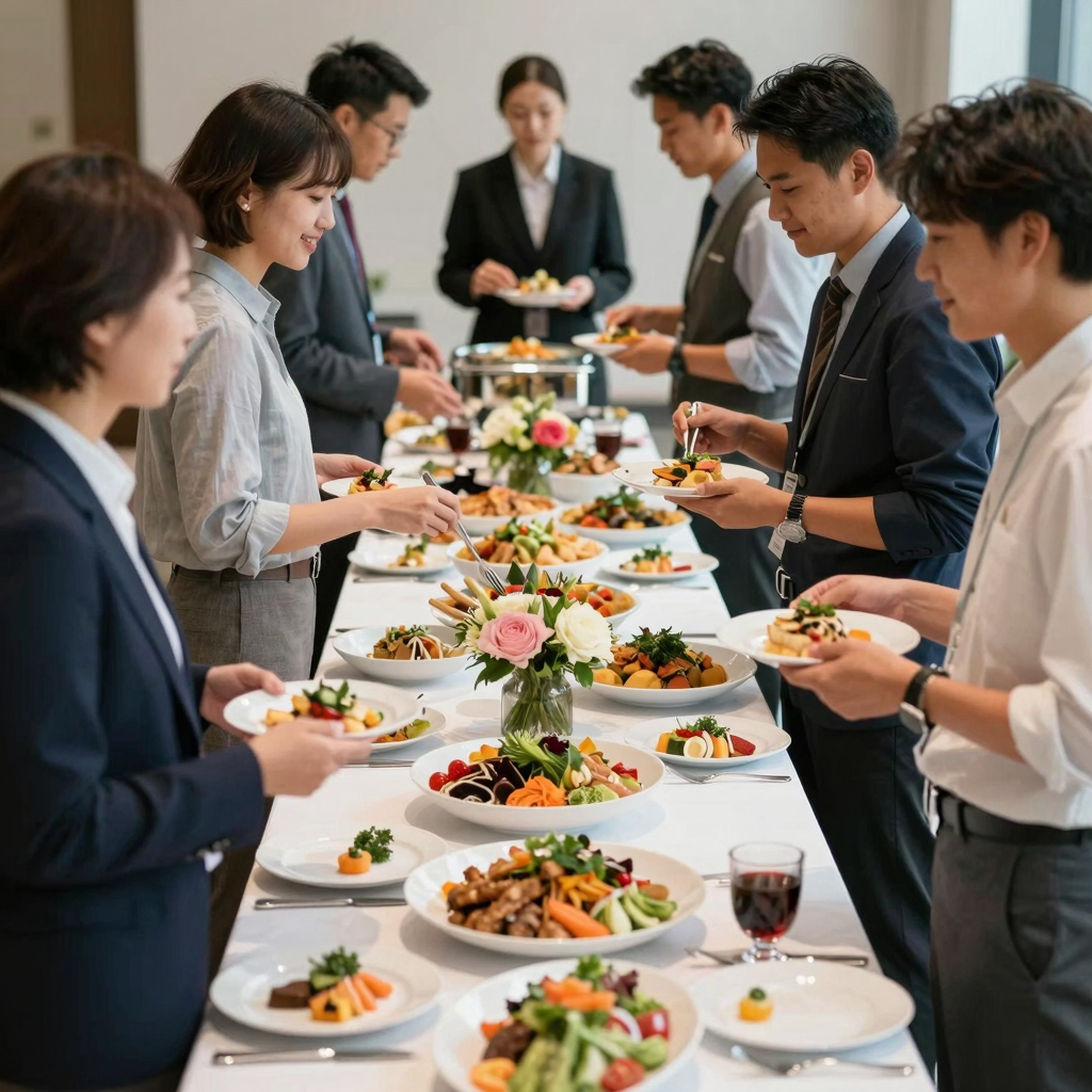 Corporate event buffet with a vibrant spread
