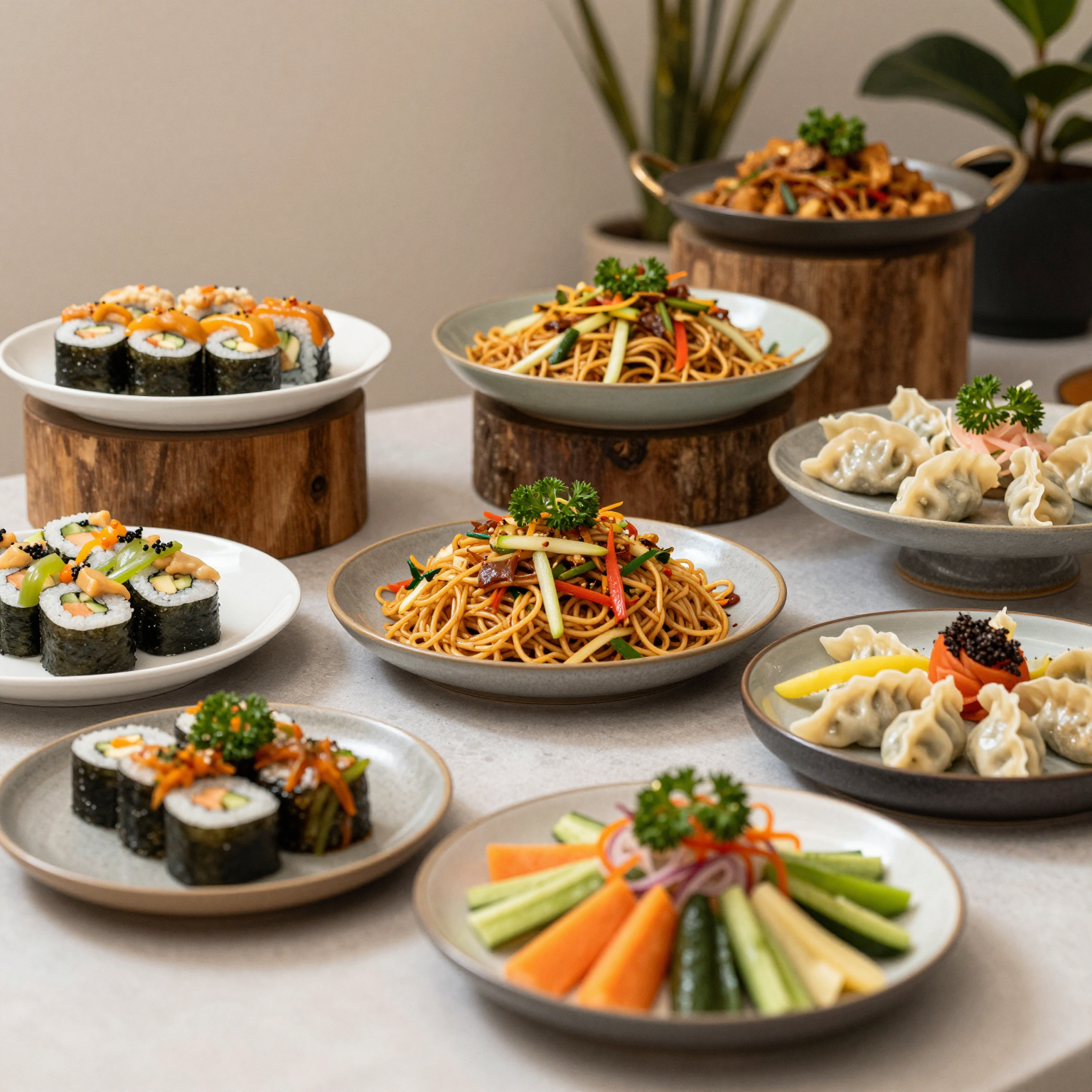 Buffet setup with various Asian dishes