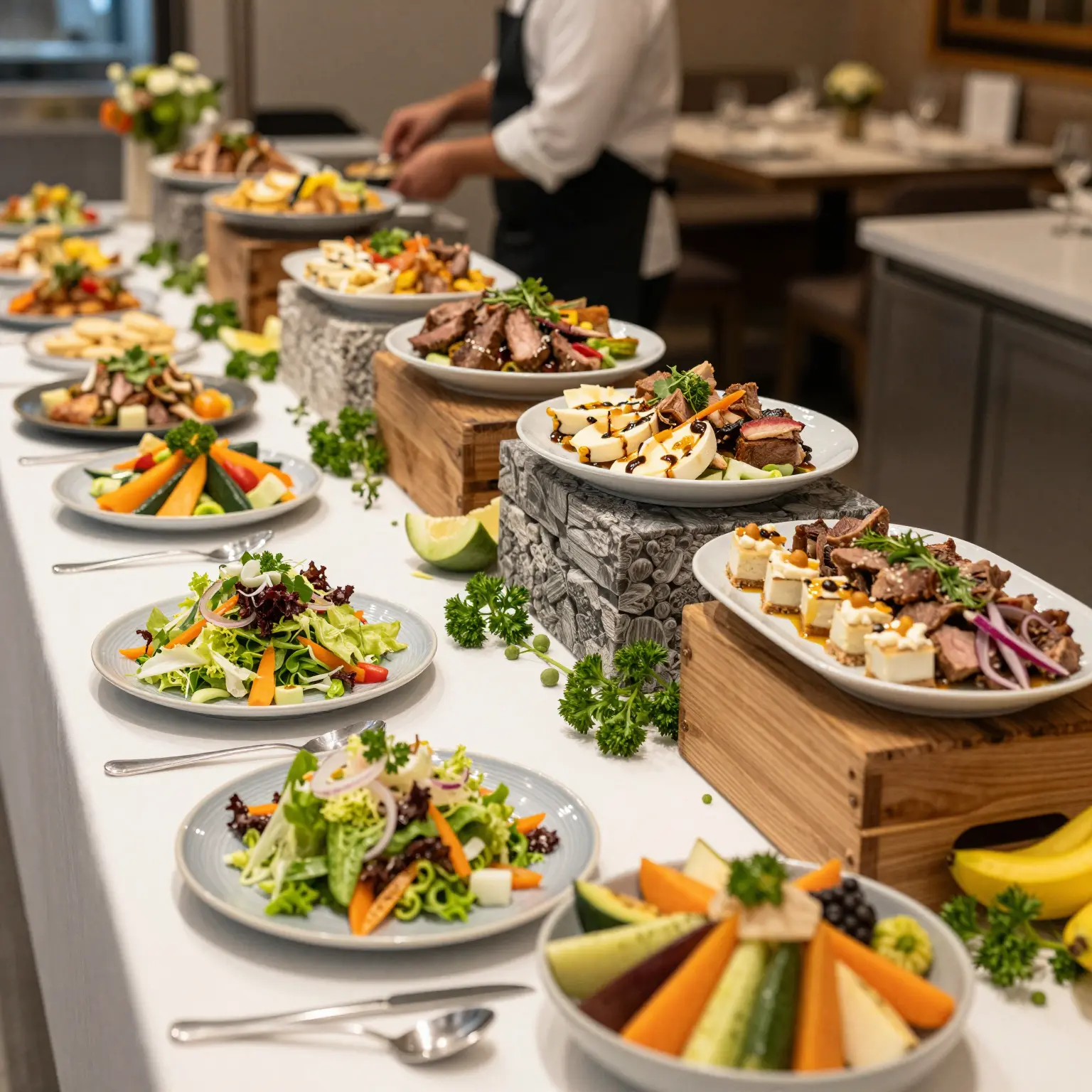 A vibrant and appealing restaurant buffet setting showcasing a variety of delicious dishes.