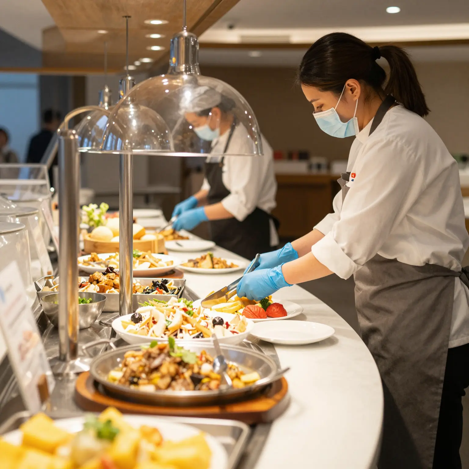 Professional restaurant buffet setting with hygiene practices