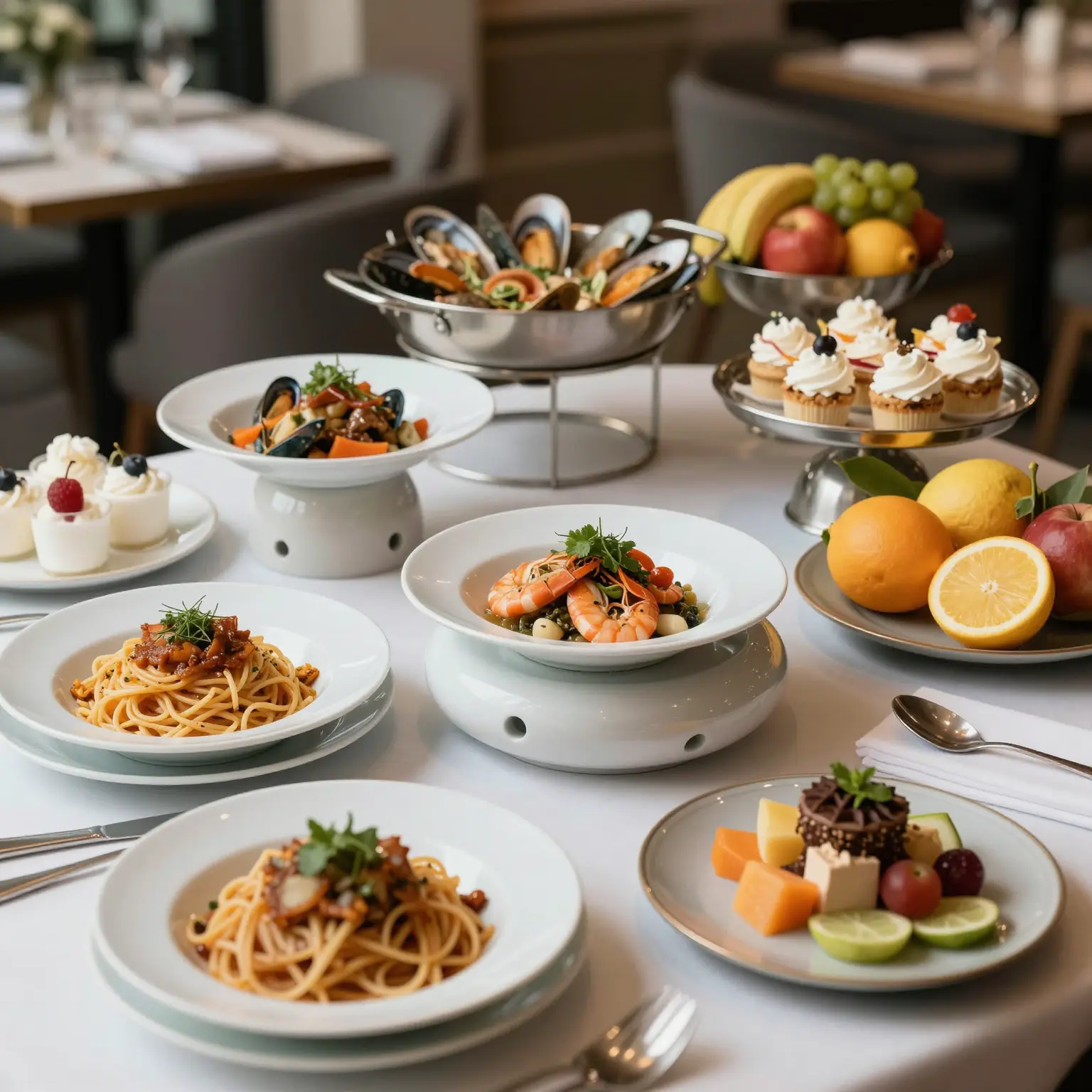 Elegant buffet setup at a restaurant featuring a variety of dishes