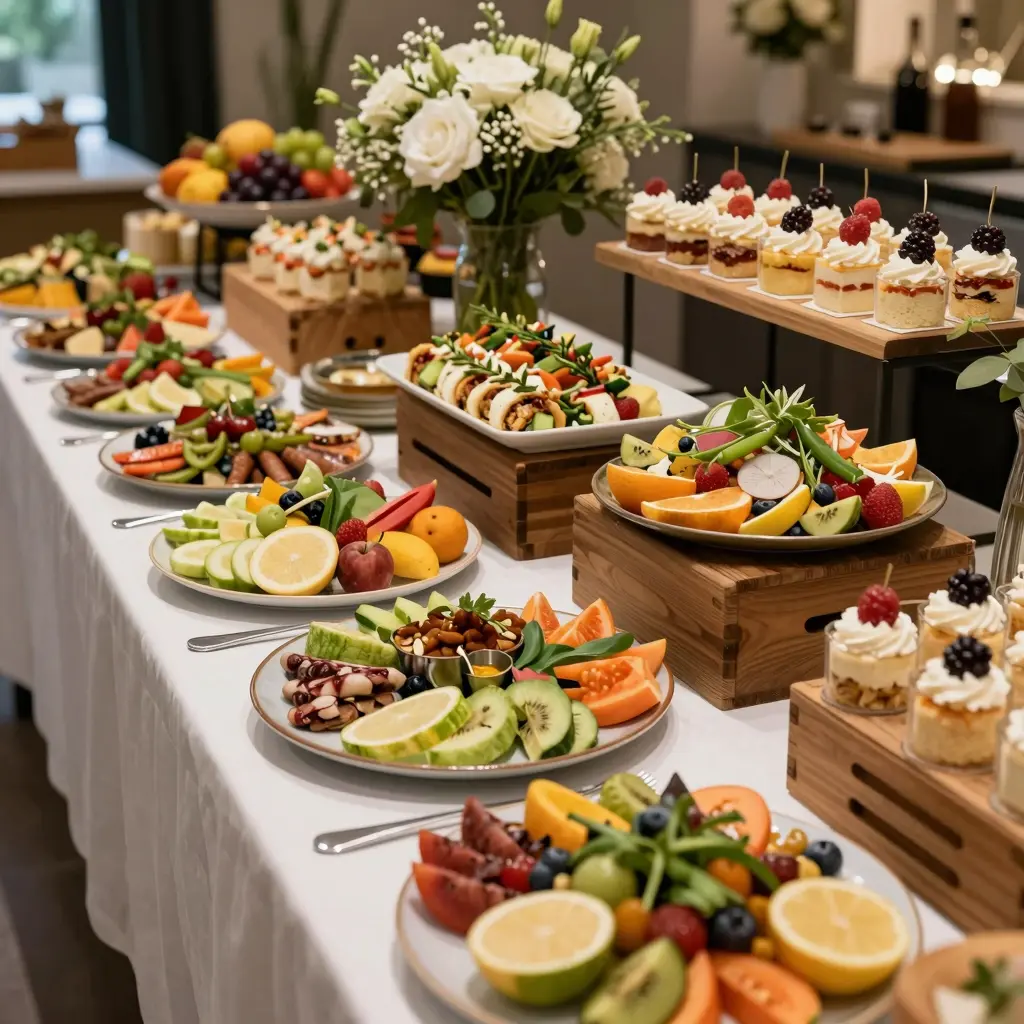 A beautifully arranged buffet setting featuring a variety of delicious foods