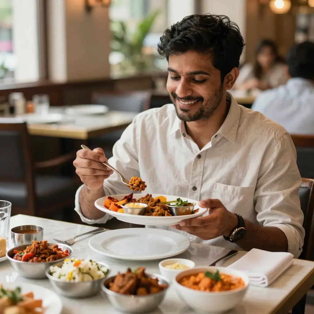Customer Enjoying Indian Buffet