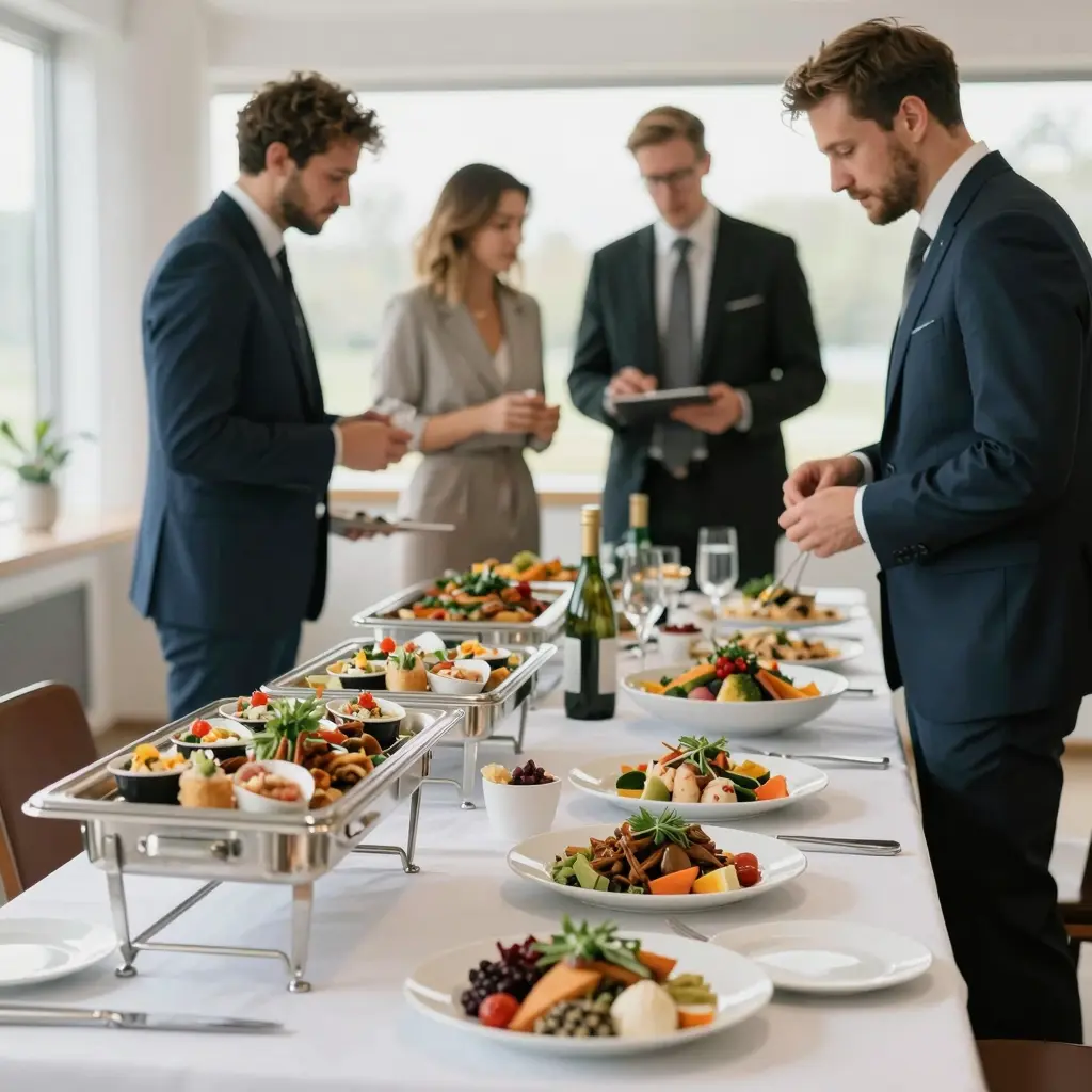 Elegant buffet setup at a corporate event, featuring a variety of dishes and business professionals engaging in a networking environment.