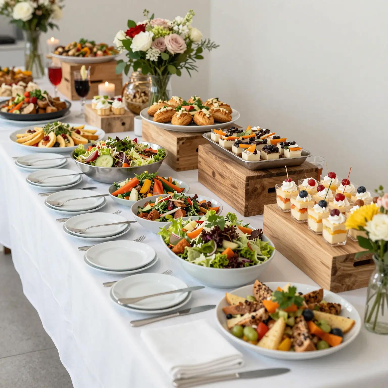 A vibrant and well-organized buffet setup featuring a variety of foods including salads, entrees, desserts, and beverages. The table is elegantly decorated, showcasing colorful dishes, neatly arranged plates, and a clean, inviting atmosphere.