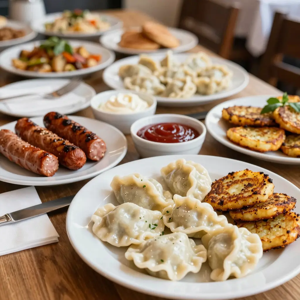 Buffet spread of Polish dishes at Staropolska Restaurant