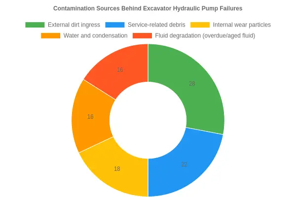 Doughnut chart showing the relative contribution of different contamination sources to excavator hydraulic pump failures, with external dirt ingress, service-related debris, and fluid degradation as the leading, service-interval-driven causes.
