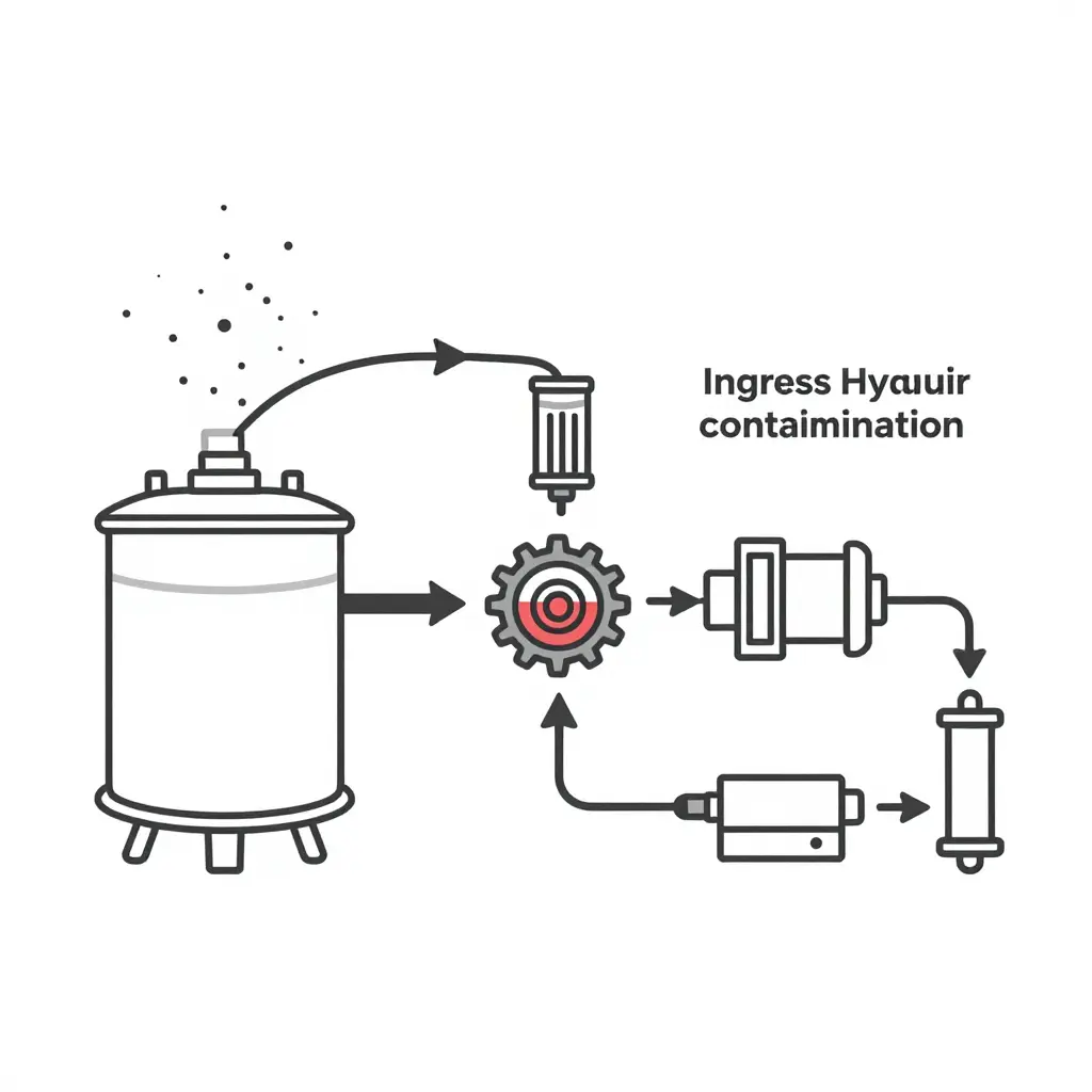 Schematic diagram of an excavator hydraulic contamination pathway showing ingress, reservoir, filter, pump, and downstream valves and cylinders