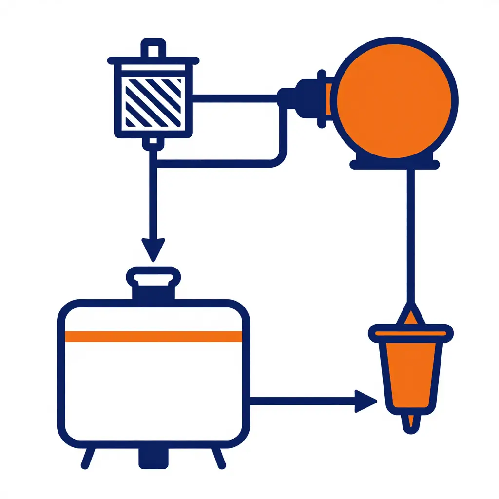 Flat 2D schematic of an excavator hydraulic filtration circuit showing the reservoir, suction strainer, pump, pressure-line filter, return-line filter, and breather with arrows indicating fluid flow direction