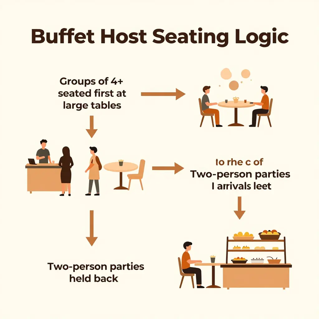Infographic flow diagram showing a Chinese buffet host's seating logic: groups of four or more are seated first at large tables, two-person parties are held back, then seated at larger tables once they are the only arrivals left.