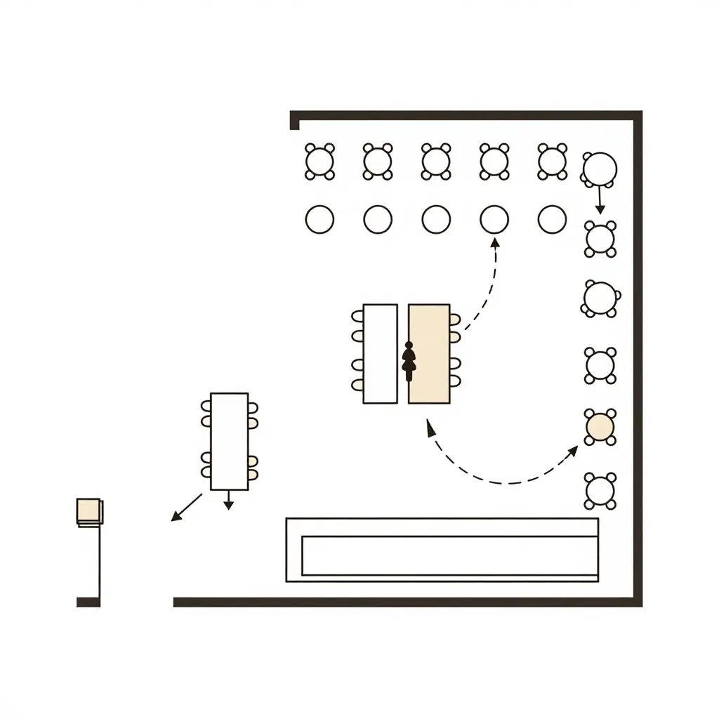 Simple flat 2D floor-plan diagram of a buffet dining room seating flow, showing the entrance, host stand, table zones, and directional arrows routing parties of different sizes