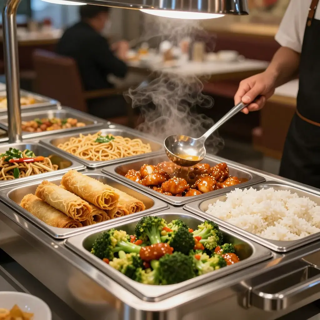 Refilled steam table trays at a Chinese buffet