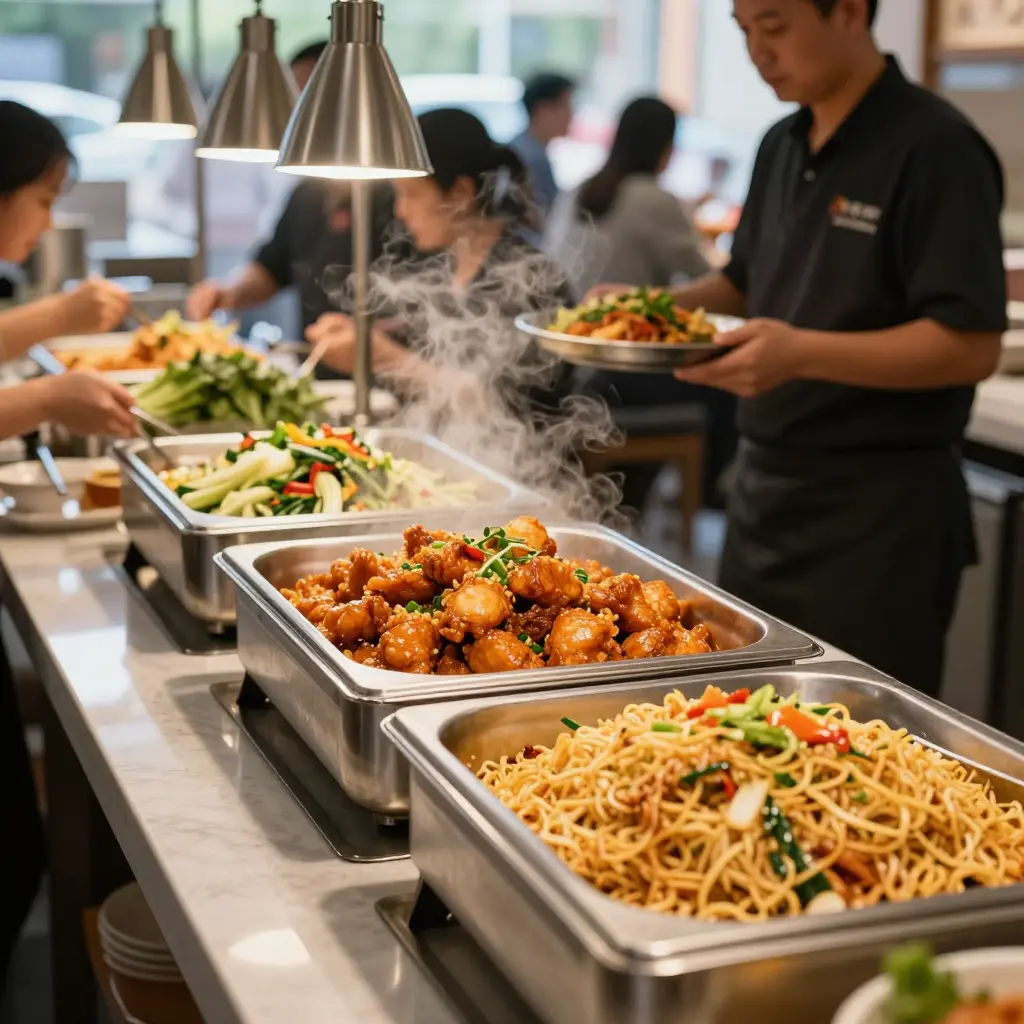 A Chinese buffet steam table during the weekday lunch rush, with glistening trays of orange chicken, lo mein, and fried rice under heat lamps as a staff member refills an empty section.