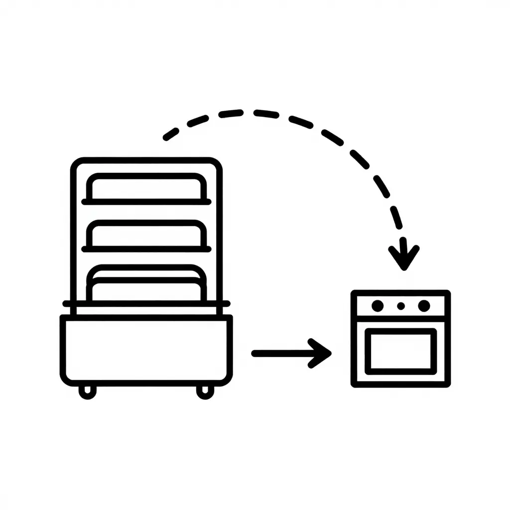 Minimalist two-dimensional schematic diagram of steam table refill flow, showing a steam table with food trays, an arrow path looping from the kitchen station to the table, and a circular loop indicating continuous monitoring and replenishment