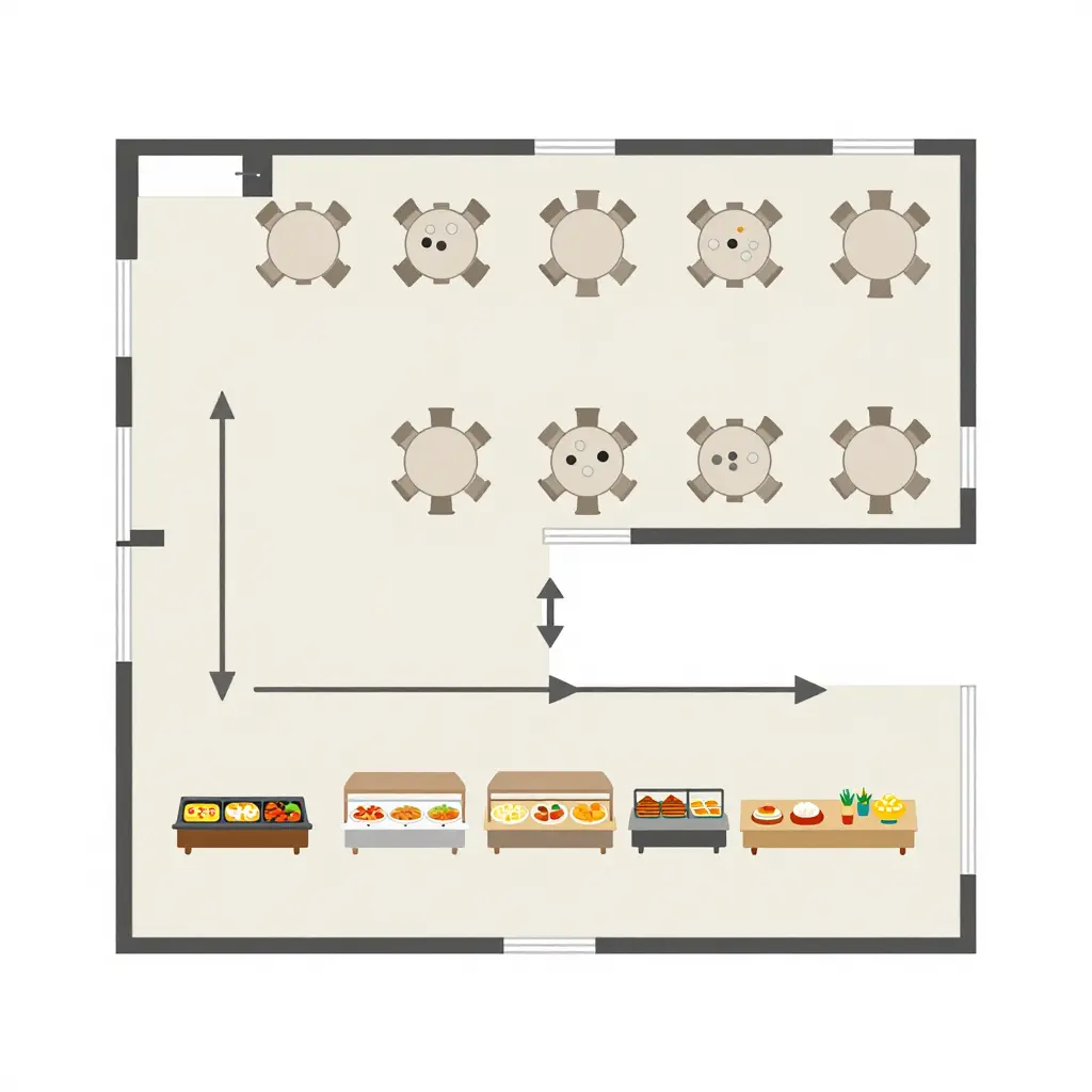 Simple two-dimensional flat-design diagram showing how a large group moves through a buffet venue, with an entrance, a waiting and seating area, a row of buffet line stations, and an exit connected by a one-way flow arrow