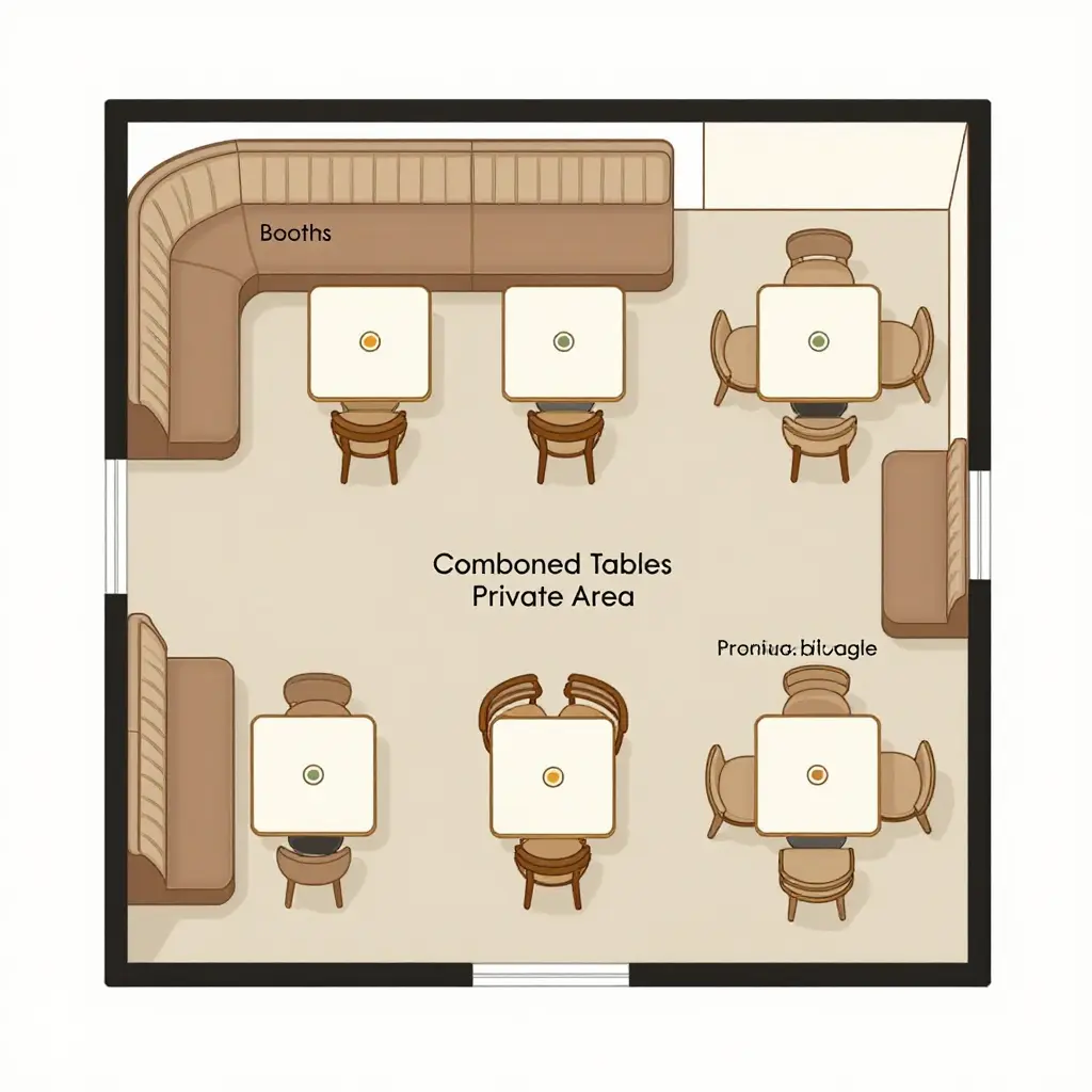 Top-down restaurant floor plan showing booth seating, combined tables for a large party, a semi-private area, and a wide accessible aisle.