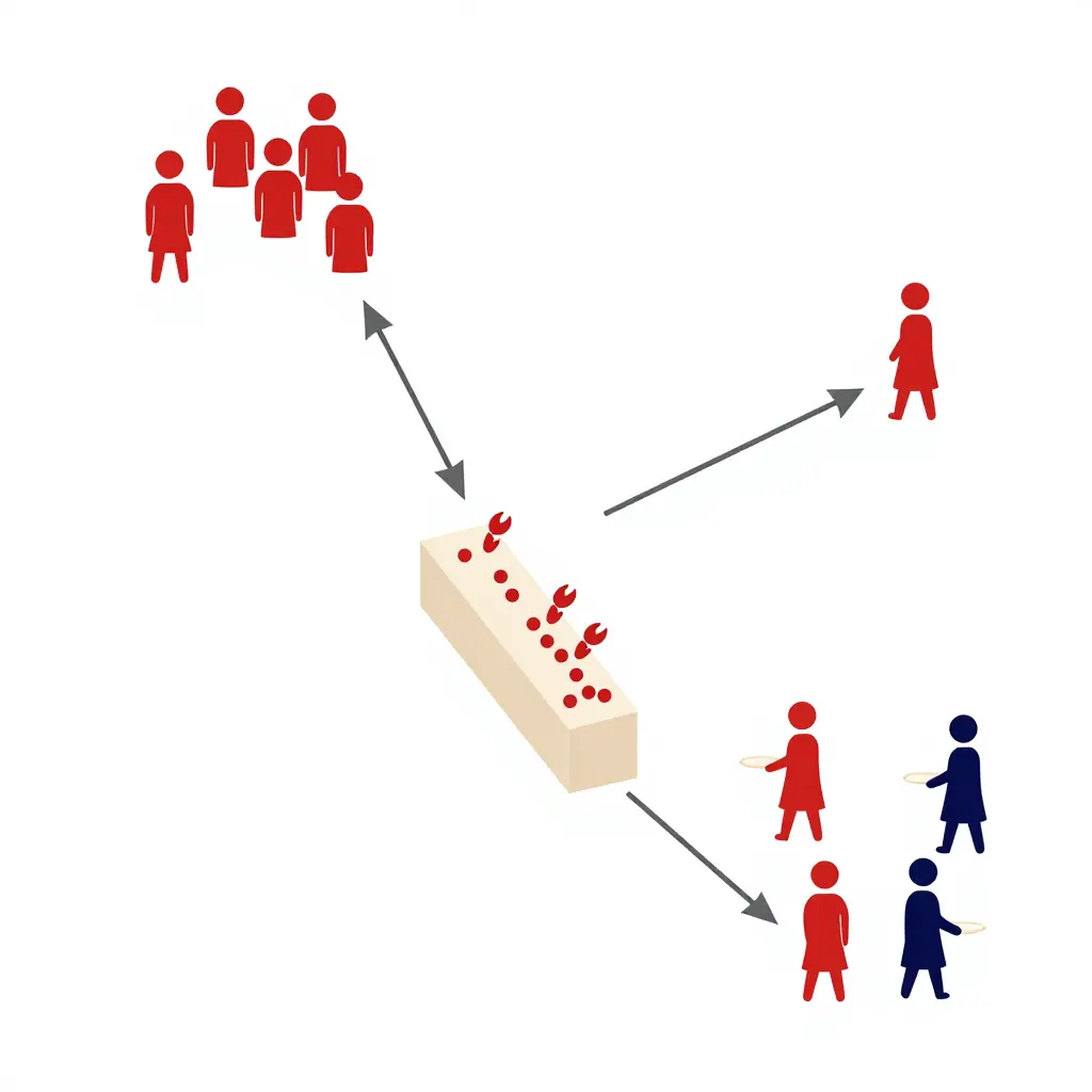 Simple flat 2D schematic showing diners converging toward a buffet counter crab leg station, forming a bottleneck, then diverging afterward