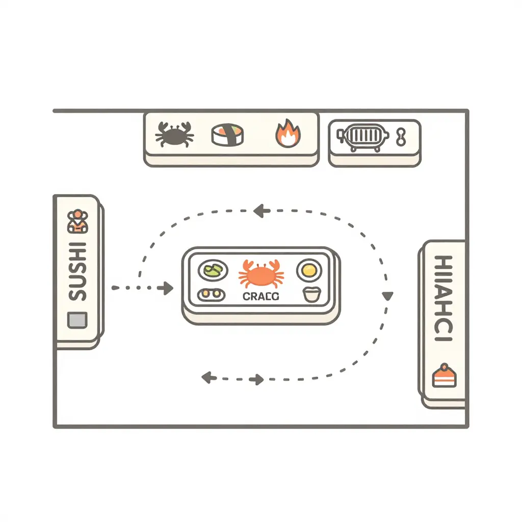Minimalist flat 2D schematic floor plan of the buffet layout showing the crab leg station at center-front, sushi on the left, hibachi on the right, and dessert along the back, with dotted arrows marking suggested diner traffic flow around the crab leg station