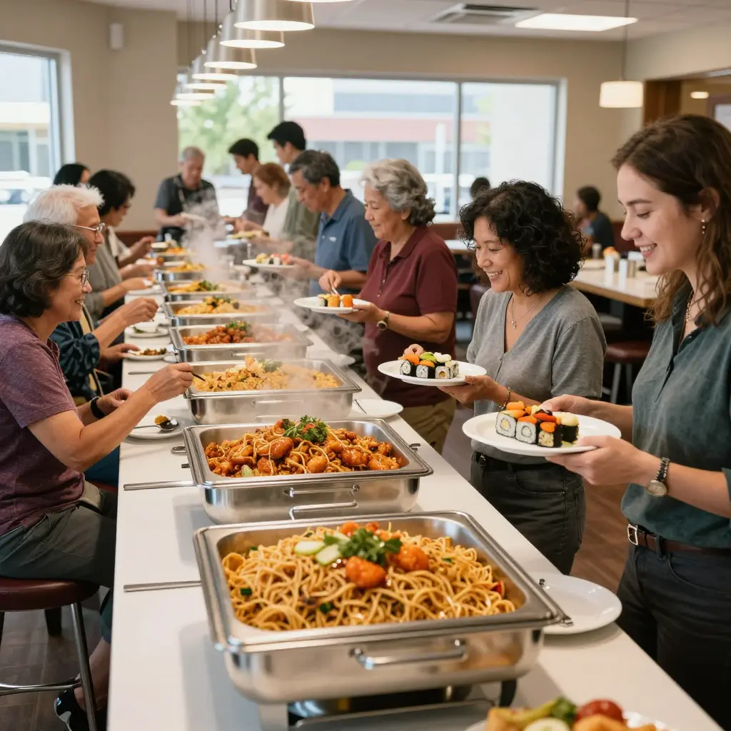 Seniors and families filling their plates at the Royal Buffet lunch line in Findlay, Ohio