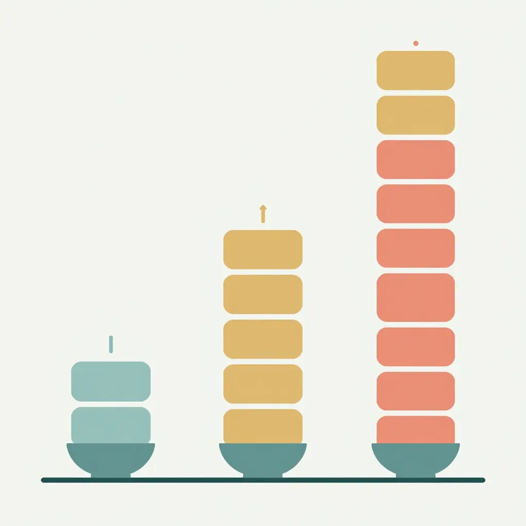 Flat 2D infographic diagram showing three columns for lunch, dinner, and weekend, with abstract stacked-shape icons that grow taller from left to right above a shared baseline, illustrating how buffet selections expand from lunch to dinner to the weekend spread.