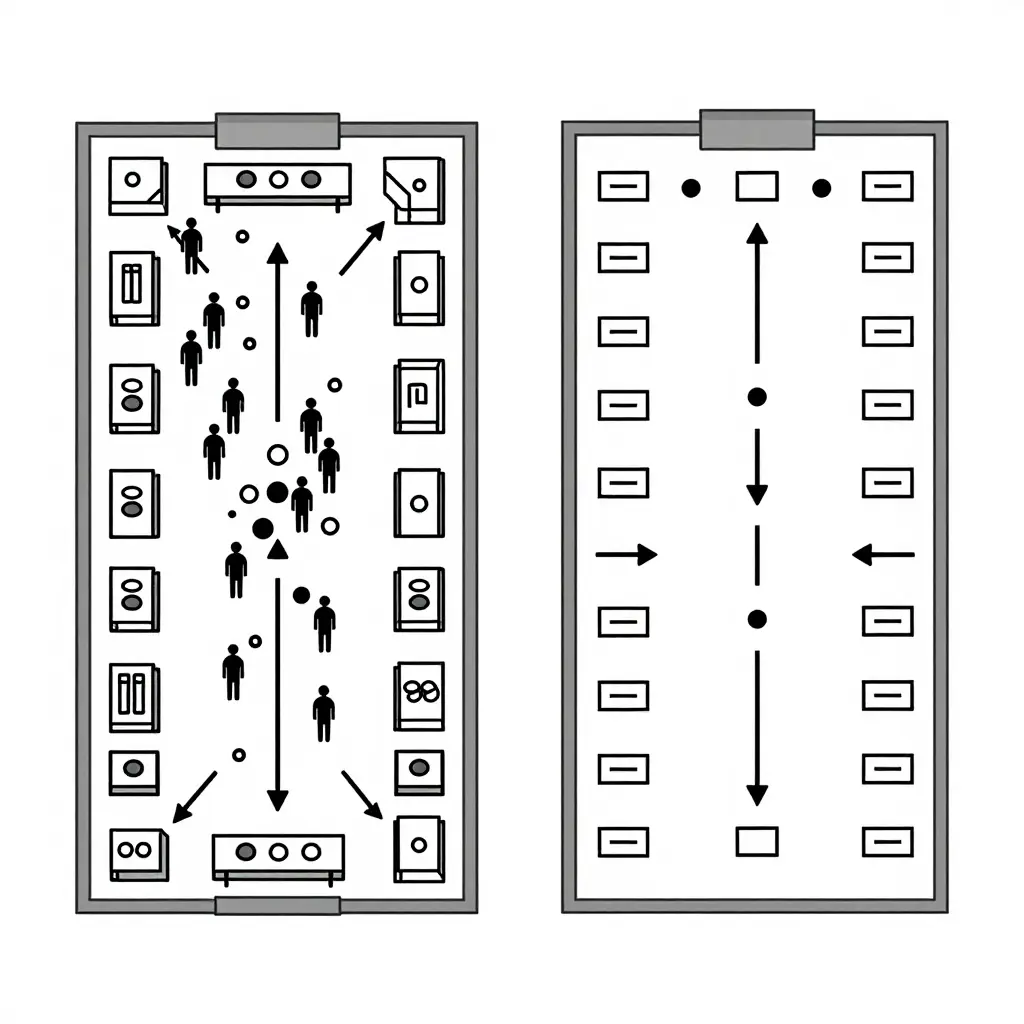 Two simple 2D buffet floor-plan schematics shown side by side. On the left, the hibachi station sits in a single corner where guest flow converges into a dense, overlapping crowd at the bottleneck. On the right, the hibachi station is repositioned so the queue spreads along a separate linear path, keeping circulation even and open.