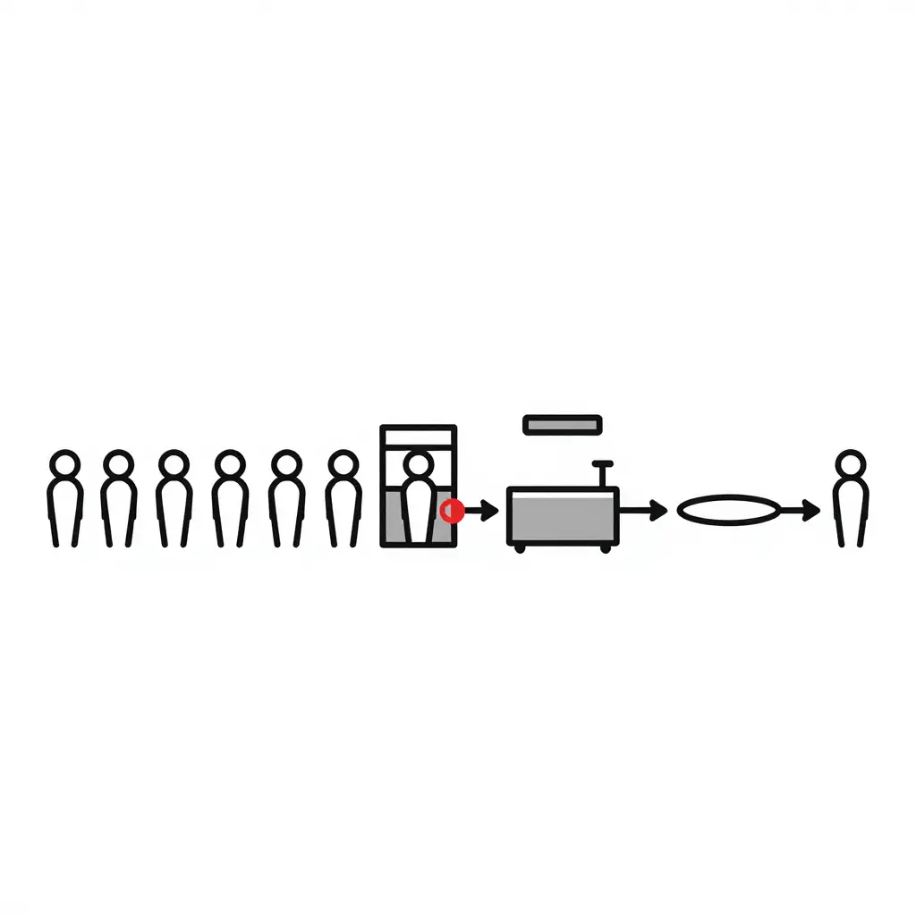 A minimalist two-dimensional diagram of the hibachi station flow: diners arriving, forming a single queue, ordering ingredients, passing them to the chef, the flat-top cooking stage, and a finished plate returning to the diner, with a red accent marking the bottleneck where the flow narrows